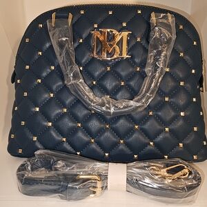 Dark Blue/Green Quilted Diamond Studded Handbag With Crossbody Strap